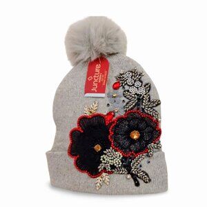 Cozy Grey & Black Floral Embellished Crystal Rhinestone Junk Pom-pom Beanie Hat